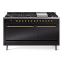 ILVE 60-Inch Nostalgie II  Propane Gas Dual Fuel Range  with 9 Burners, Griddle and Solid Door Oven in Glossy Black with Brass Trim (UP60FQNMPBKG)