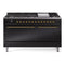 ILVE 60-Inch Nostalgie II  Propane Gas Dual Fuel Range  with 9 Burners, Griddle and Solid Door Oven in Glossy Black with Brass Trim (UP60FQNMPBKG)