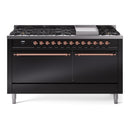 ILVE 60-Inch Nostalgie II Dual Fuel Range with 9 Burners, Griddle and Solid Door Oven in Glossy Black with Copper Trim (UP60FQNMPBKP)