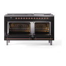ILVE 60-Inch Nostalgie II  Propane Gas Dual Fuel Range  with 9 Burners, Griddle and Solid Door Oven in Glossy Black with Copper Trim (UP60FQNMPBKP)