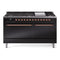 ILVE 60-Inch Nostalgie II  Propane Gas Dual Fuel Range  with 9 Burners, Griddle and Solid Door Oven in Glossy Black with Copper Trim (UP60FQNMPBKP)