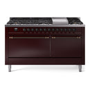 ILVE 60-Inch Nostalgie II  Propane Gas Dual Fuel Range  with 9 Burners, Griddle and Solid Door Oven in Burgundy with Bronze Trim (UP60FQNMPBUB)