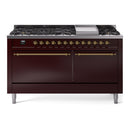 ILVE Nostalgie II 60 inch Propane Gas Range with 10 Sealed Burners, Griddle with Triple Glass Door in Burgundy with Brass Trim