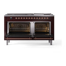 ILVE 60-Inch Nostalgie II  Propane Gas Dual Fuel Range  with 9 Burners, Griddle and Solid Door Oven in Burgundy with Copper Trim (UP60FQNMPBUP)