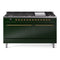ILVE 60-Inch Nostalgie II Dual Fuel Range with 9 Burners, Griddle, and Solid Door Oven in Emerald Green with Brass Trim (UP60FQNMPEGG)