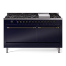 ILVE 60-Inch Nostalgie II  Propane Gas Dual Fuel Range  with 9 Burners, Griddle, and Solid Door Oven in Midnight Blue with Bronze Trim (UP60FQNMPMBB)