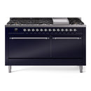 ILVE 60-Inch Nostalgie II  Propane Gas Dual Fuel Range  with 9 Burners, Griddle, and Solid Door Oven in Midnight Blue with Chrome Trim (UP60FQNMPMBC)