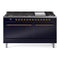 ILVE Nostalgie II 60 inch Propane Gas Range with 10 Sealed Burners, Griddle with Triple Glass Door in Midnight Blue with Brass Trim