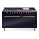 ILVE 60-Inch Nostalgie II Dual Fuel Range with 9 Burners, Griddle, and Solid Door Oven in Midnight Blue with Copper Trim (UP60FQNMPMBP)