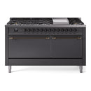 ILVE Nostalgie II 60 inch Propane Gas Range with 10 Sealed Burners, Griddle with Triple Glass Door in Graphite Matte with Burnished Trim