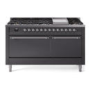ILVE 60-Inch Nostalgie II  Propane Gas Dual Fuel Range  with 9 Burners, Griddle, and Solid Door Oven in Matte Graphite with Chrome Trim (UP60FQNMPMGC)