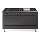 ILVE Nostalgie II 60 inch Propane Gas Range with 10 Sealed Burners, Griddle with Triple Glass Door in Graphite Matte with Brass Trim