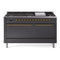 ILVE Nostalgie II 60 inch Propane Gas Range with 10 Sealed Burners, Griddle with Triple Glass Door in Graphite Matte with Brass Trim