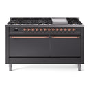 ILVE 60-Inch Nostalgie II  Propane Gas Dual Fuel Range  with 9 Burners, Griddle, and Solid Door Oven in Matte Graphite with Copper Trim (UP60FQNMPMGP)