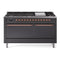ILVE 60-Inch Nostalgie II  Propane Gas Dual Fuel Range  with 9 Burners, Griddle, and Solid Door Oven in Matte Graphite with Copper Trim (UP60FQNMPMGP)