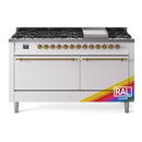 ILVE 60-Inch Nostalgie II  Propane Gas Dual Fuel Range  with 9 Burners, Griddle, and Solid Door Oven in Custom RAL in Brass Trim (UP60FQNMPRAG)
