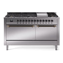 ILVE Nostalgie II 60 inch Propane Gas Range with 10 Sealed Burners, Griddle with Triple Glass Door in Stainless Steel with Burnished Trim