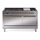 ILVE Nostalgie II 60 inch Propane Gas Range with 10 Sealed Burners, Griddle with Triple Glass Door in Stainless Steel with Brass Trim