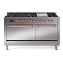 ILVE 60-Inch Nostalgie II  Propane Gas Dual Fuel Range  with 9 Burners, Griddle, and Solid Door Oven in Stainless Steel with Copper Trim (UP60FQNMPSSP)