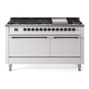 ILVE 60-Inch Nostalgie II Dual Fuel Range with 9 Burners, Griddle, and Solid Door Oven in White with Bronze Trim (UP60FQNMPWHB)