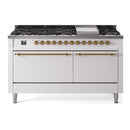 ILVE 60-Inch Nostalgie II  Propane Gas Dual Fuel Range  with 9 Burners, Griddle, and Solid Door Oven in White with Brass Trim (UP60FQNMPWHG)