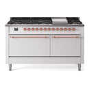 ILVE 60-Inch Nostalgie II  Propane Gas Dual Fuel Range  with 9 Burners, Griddle, and Solid Door Oven in White with Copper Trim (UP60FQNMPWHP)