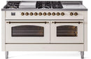 ILVE Nostalgie II 60-Inch Dual Fuel Freestanding Range with Removable Griddle in Antique White with Bronze Trim (UP60FSNMPAWB)