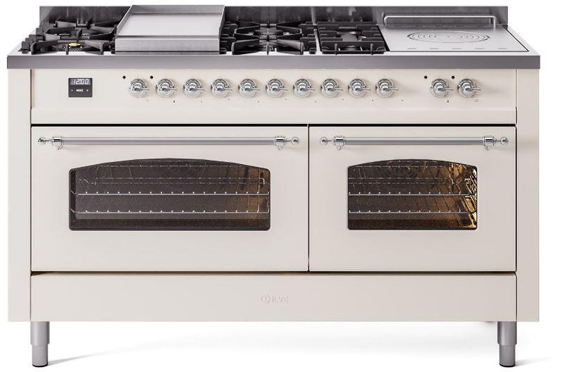 ILVE Nostalgie II 60-Inch Dual Fuel Freestanding Range with Removable Griddle in Antique White with Chrome Trim (UP60FSNMPAWC)