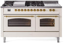 ILVE Nostalgie II 60-Inch Dual Fuel Freestanding Range with Removable Griddle in Antique White with Brass Trim (UP60FSNMPAWG)