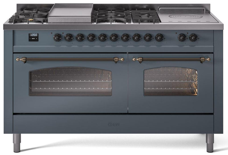 ILVE Nostalgie II 60-Inch Dual Fuel Freestanding Range with Removable Griddle in Blue Grey with Bronze Trim (UP60FSNMPBGB)