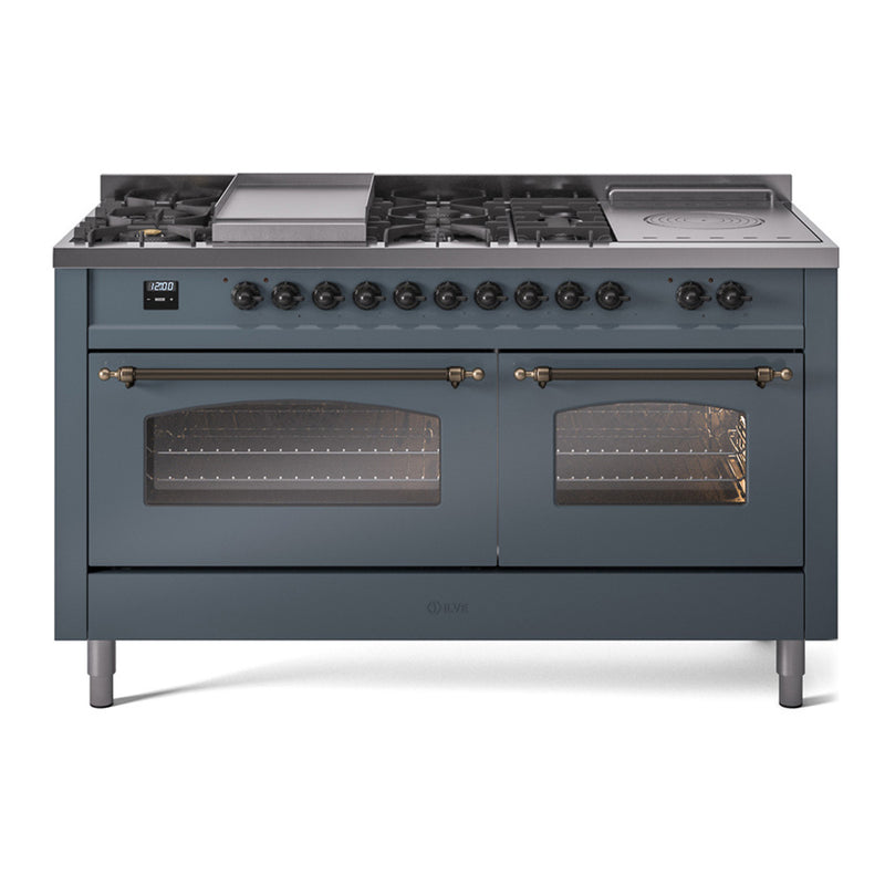 ILVE Nostalgie II 60-Inch Dual Fuel Freestanding Range with Removable Griddle in Blue Grey with Bronze Trim (UP60FSNMPBGB)