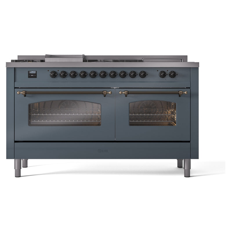 ILVE Nostalgie II 60-Inch Dual Fuel Freestanding Range with Removable Griddle in Blue Grey with Bronze Trim (UP60FSNMPBGB)