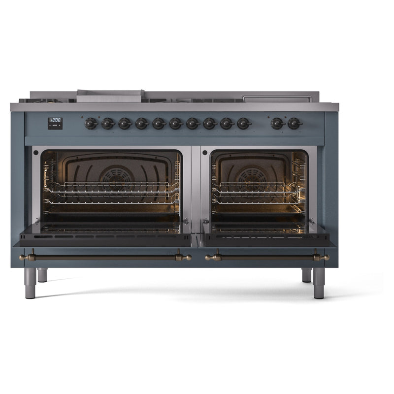 ILVE Nostalgie II 60-Inch Dual Fuel Freestanding Range with Removable Griddle in Blue Grey with Bronze Trim (UP60FSNMPBGB)