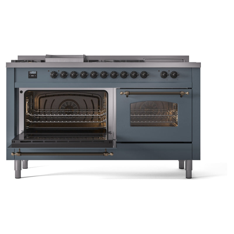 ILVE Nostalgie II 60-Inch Dual Fuel Freestanding Range with Removable Griddle in Blue Grey with Bronze Trim (UP60FSNMPBGB)