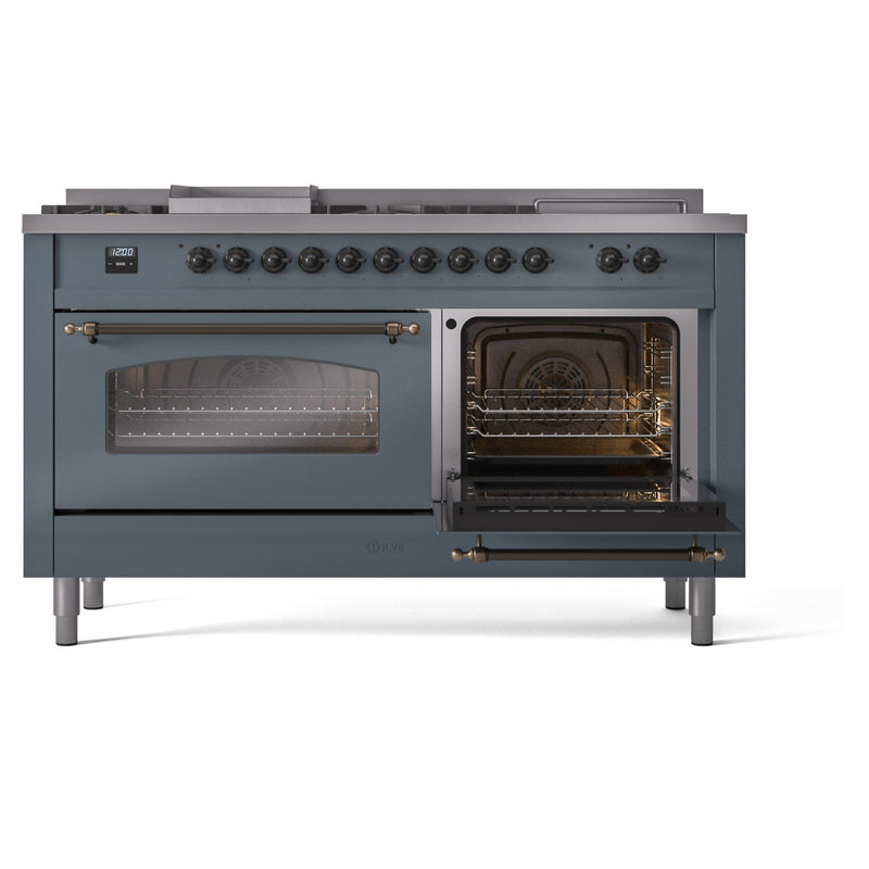 ILVE Nostalgie II 60-Inch Dual Fuel Freestanding Range with Removable Griddle in Blue Grey with Bronze Trim (UP60FSNMPBGB)