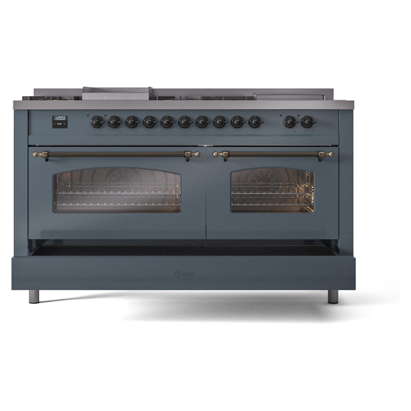 ILVE Nostalgie II 60-Inch Dual Fuel Freestanding Range with Removable Griddle in Blue Grey with Bronze Trim (UP60FSNMPBGB)