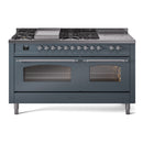 ILVE Nostalgie II 60-Inch Dual Fuel Freestanding Range with Removable Griddle in Blue Grey with Chrome Trim (UP60FSNMPBGC)