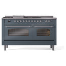ILVE Nostalgie II 60-Inch Dual Fuel Freestanding Range with Removable Griddle in Blue Grey with Chrome Trim (UP60FSNMPBGC)
