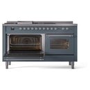 ILVE Nostalgie II 60-Inch Dual Fuel Freestanding Range with Removable Griddle in Blue Grey with Chrome Trim (UP60FSNMPBGC)