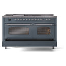 ILVE Nostalgie II 60-Inch Dual Fuel Freestanding Range with Removable Griddle in Blue Grey with Chrome Trim (UP60FSNMPBGC)