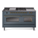 ILVE Nostalgie II 60-Inch Dual Fuel Freestanding Range with Removable Griddle in Blue Grey with Brass Trim (UP60FSNMPBGG)