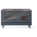 ILVE Nostalgie II 60-Inch Dual Fuel Freestanding Range with Removable Griddle in Blue Grey with Brass Trim (UP60FSNMPBGG)