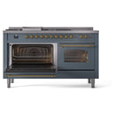 ILVE Nostalgie II 60-Inch Dual Fuel Freestanding Range with Removable Griddle in Blue Grey with Brass Trim (UP60FSNMPBGG)