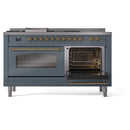 ILVE Nostalgie II 60-Inch Dual Fuel Freestanding Range with Removable Griddle in Blue Grey with Brass Trim (UP60FSNMPBGG)