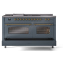 ILVE Nostalgie II 60-Inch Dual Fuel Freestanding Range with Removable Griddle in Blue Grey with Brass Trim (UP60FSNMPBGG)