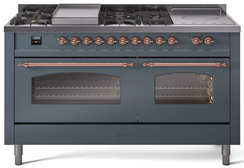 ILVE Nostalgie II 60-Inch Dual Fuel Freestanding Range with Removable Griddle in Blue Grey with Copper Trim (UP60FSNMPBGP)