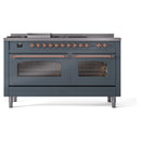 ILVE Nostalgie II 60-Inch Dual Fuel Freestanding Range with Removable Griddle in Blue Grey with Copper Trim (UP60FSNMPBGP)
