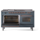 ILVE Nostalgie II 60-Inch Dual Fuel Freestanding Range with Removable Griddle in Blue Grey with Copper Trim (UP60FSNMPBGP)