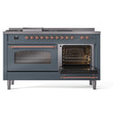 ILVE Nostalgie II 60-Inch Dual Fuel Freestanding Range with Removable Griddle in Blue Grey with Copper Trim (UP60FSNMPBGP)