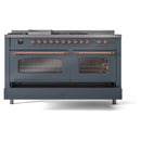 ILVE Nostalgie II 60-Inch Dual Fuel Freestanding Range with Removable Griddle in Blue Grey with Copper Trim (UP60FSNMPBGP)